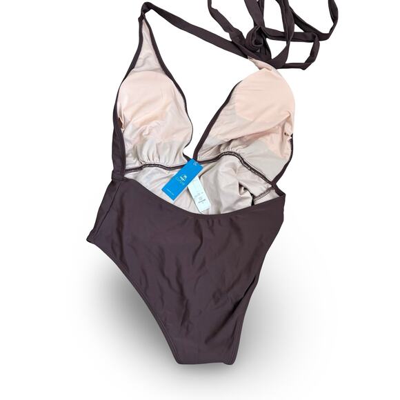 Cupshe Women’s L One Piece Swimsuit Brown Halter Deep V Plunge Monokini NWT - Picture 3 of 5